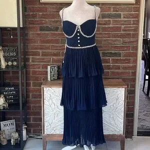 Self-Portrait Women's Diamante-Embellished Pleated Chiffon Midi-Dress - Navy - Size 8
